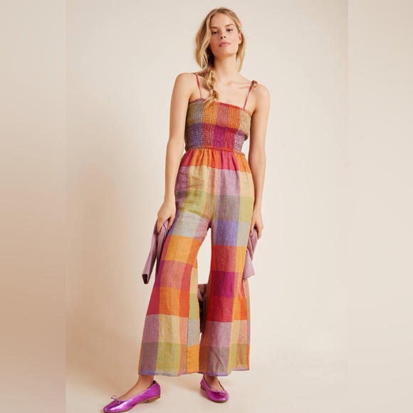 Anthropologie Pants - Anthropologie DRA Rainbow Plaid Madras Sierra Smocked Linen Sleeveless Jumpsuit